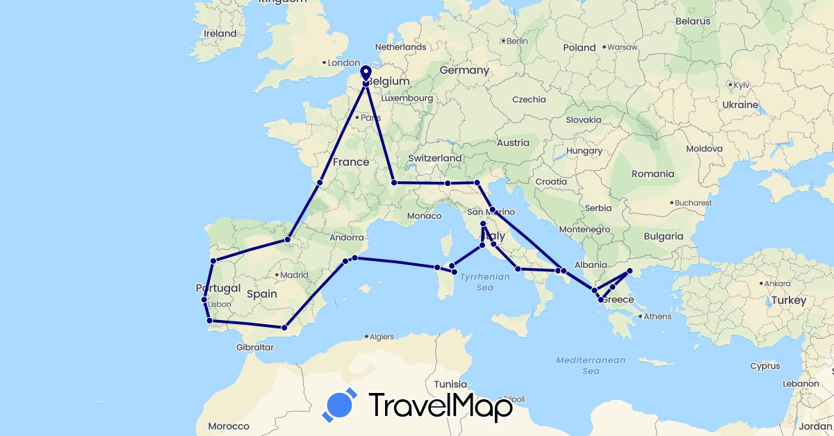 TravelMap itinerary: driving in Spain, France, Greece, Italy, Portugal (Europe)